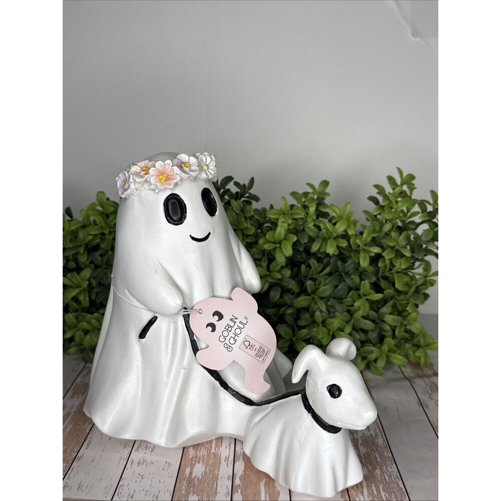 GOBLIN & GHOUL Ghost Girl W Flower Crown Walking Dog Figurine Tabletop Decor NWT
